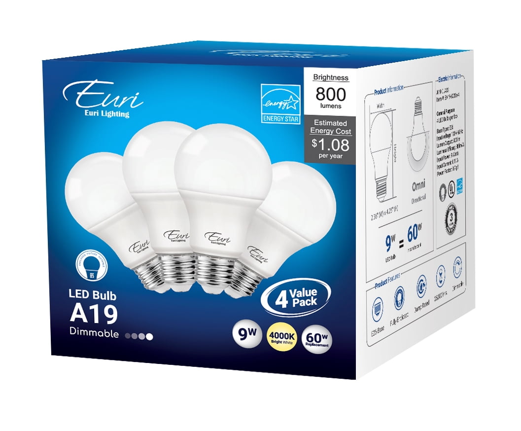 Euri Lighting 60-Watt Equivalent A19 Dimmable LED Light Bulb Bright White (4-Pack)