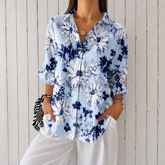 Women’s Plus Size Printed Button Down Long Sleeve Casual Blouse Shirt