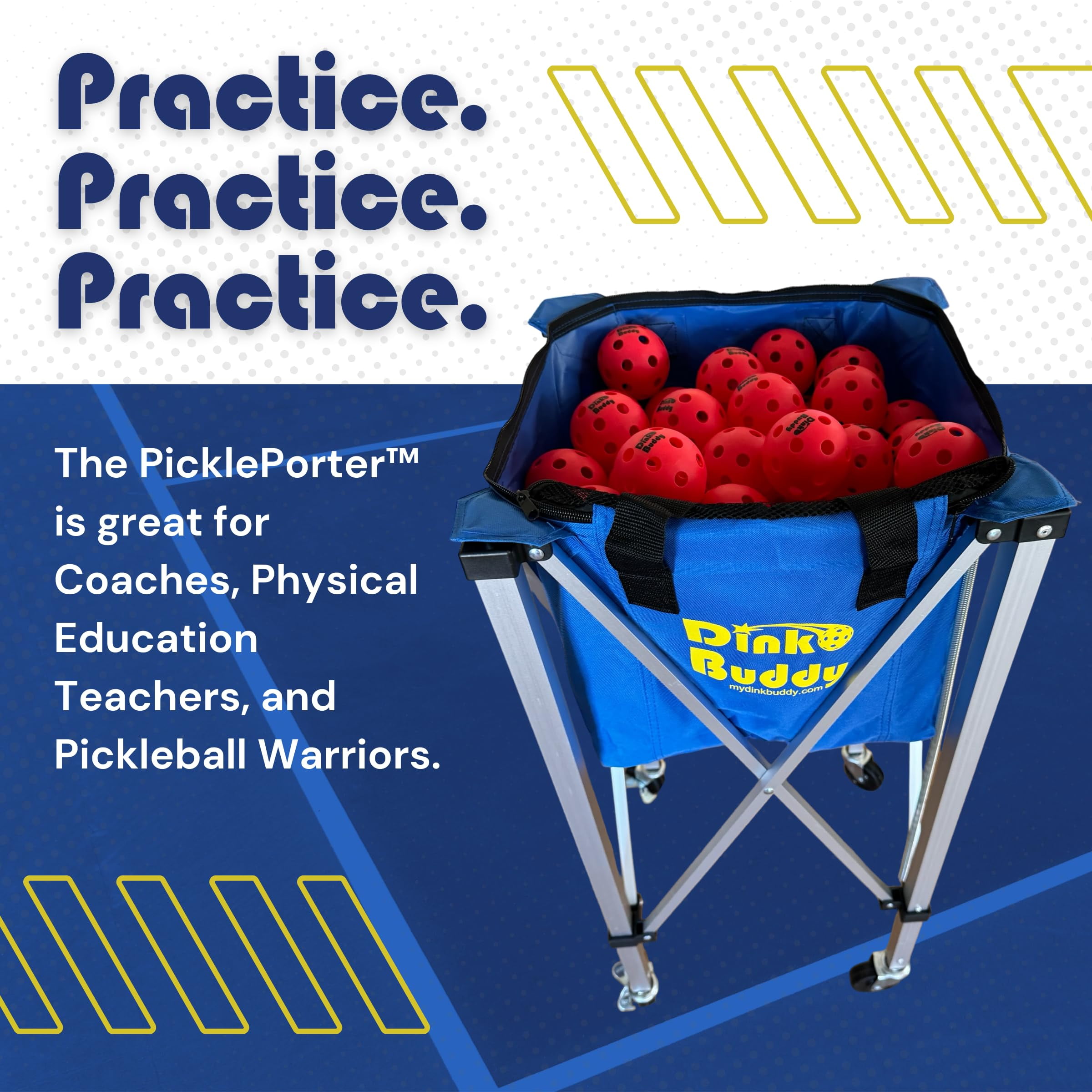 Dink Buddy Pickleball Hopper with Wheels – Portable Ball Caddy – Pickleball Basket holds 110 Balls – Tennis Hopper with Wheels