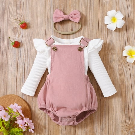 

PatPat Infant Baby Girls Romper Overall Outfit Set 3pcs Long Sleeve Ribbed Shirt Tee Cross Back Suspender Jumpsuit Headband Fall Clothes Set 3-24Month