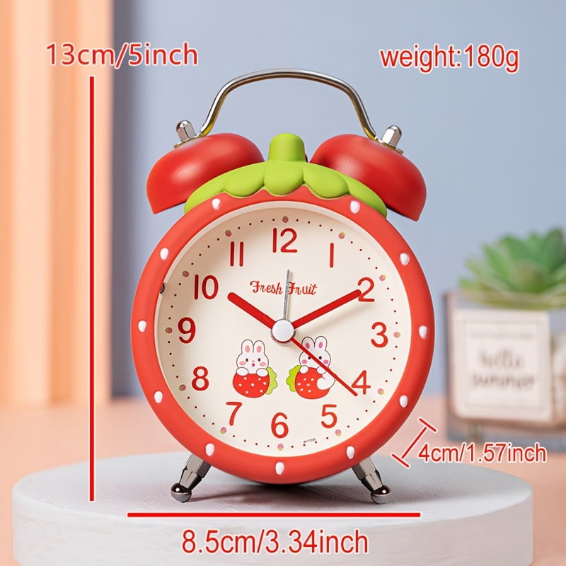 Strawberry-shaped alarm clock | Modern 3.5-inch battery-powered silent alarm clock with dual bells and a night light, suitable for offices, homes, kitchens, bedrooms, and schools.