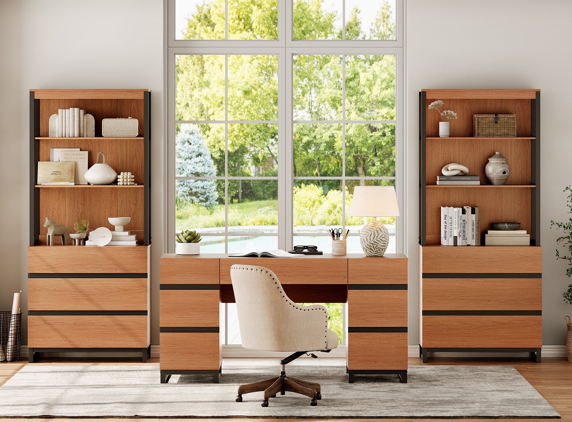 WAMPAT 2-Piece Modern 72" Tall Freestanding Bookcase，6 Drawers, Open Shelves & Storage Cabinet with Metal Base，Wood Library Bookshelf for Home Office & Living Room