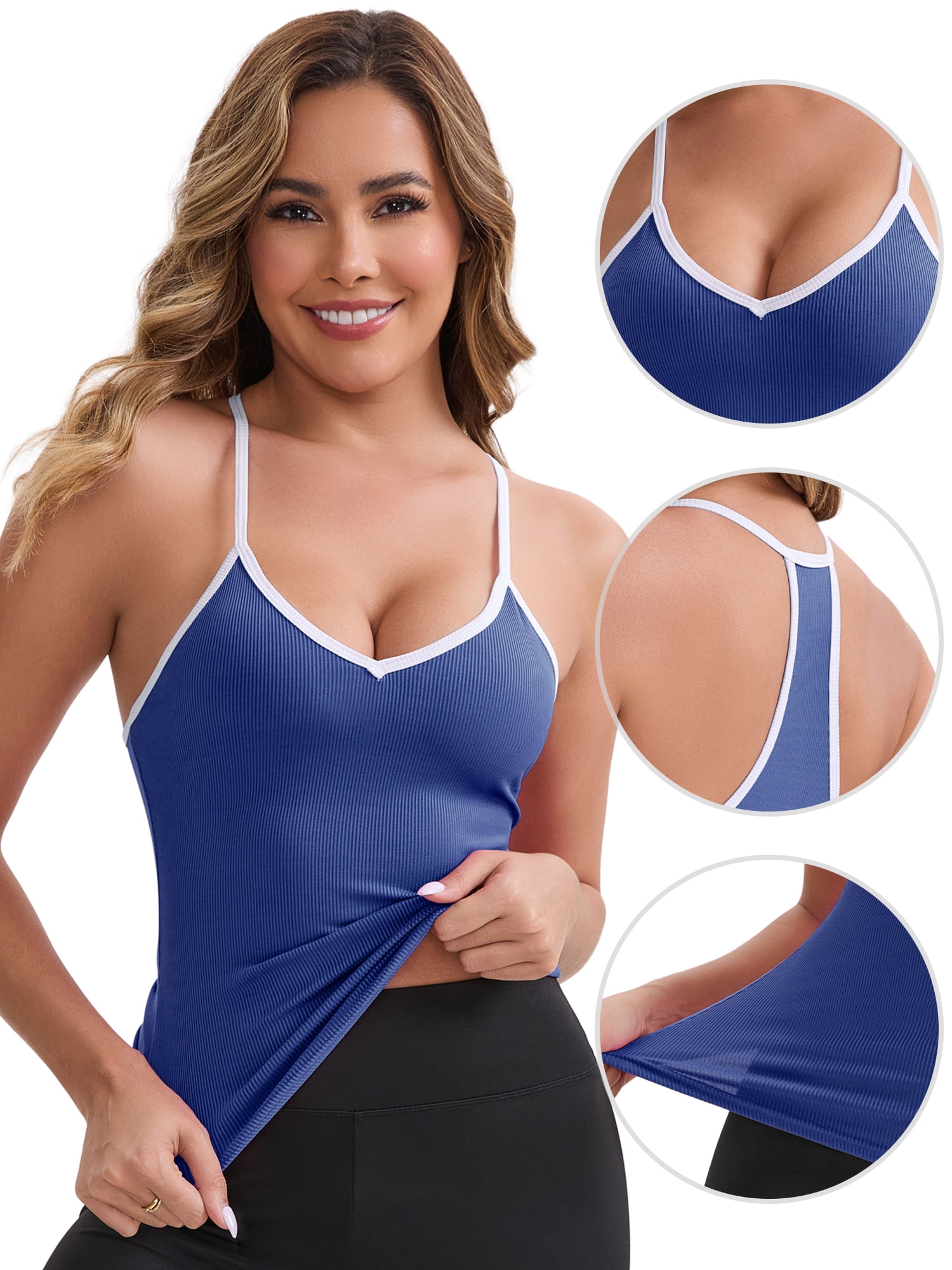 DARING DIVA Women's Colorblock Ice Silk Spaghetti Straps V Neck Tank Top L Blue