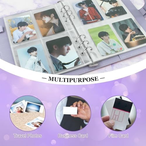 A5 Kpop Photocard Binder, 6 Ring Binder Album with 200 Card Slots, PU Leather Binder Cover with Magnetic Buckle Closure for Organizing Trading Cards (Purple)