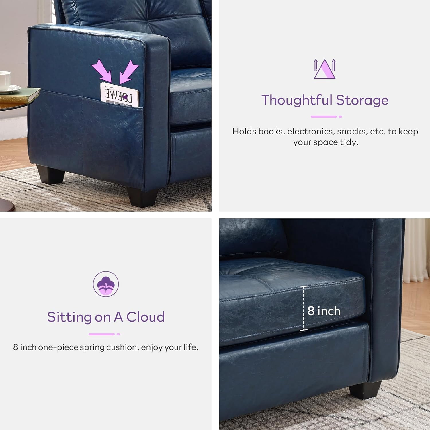 LAZZO 65" Loveseat Sofa with USB Charging Ports, 2-Seat Faux Leather Couch for Living Room & Office, Blue