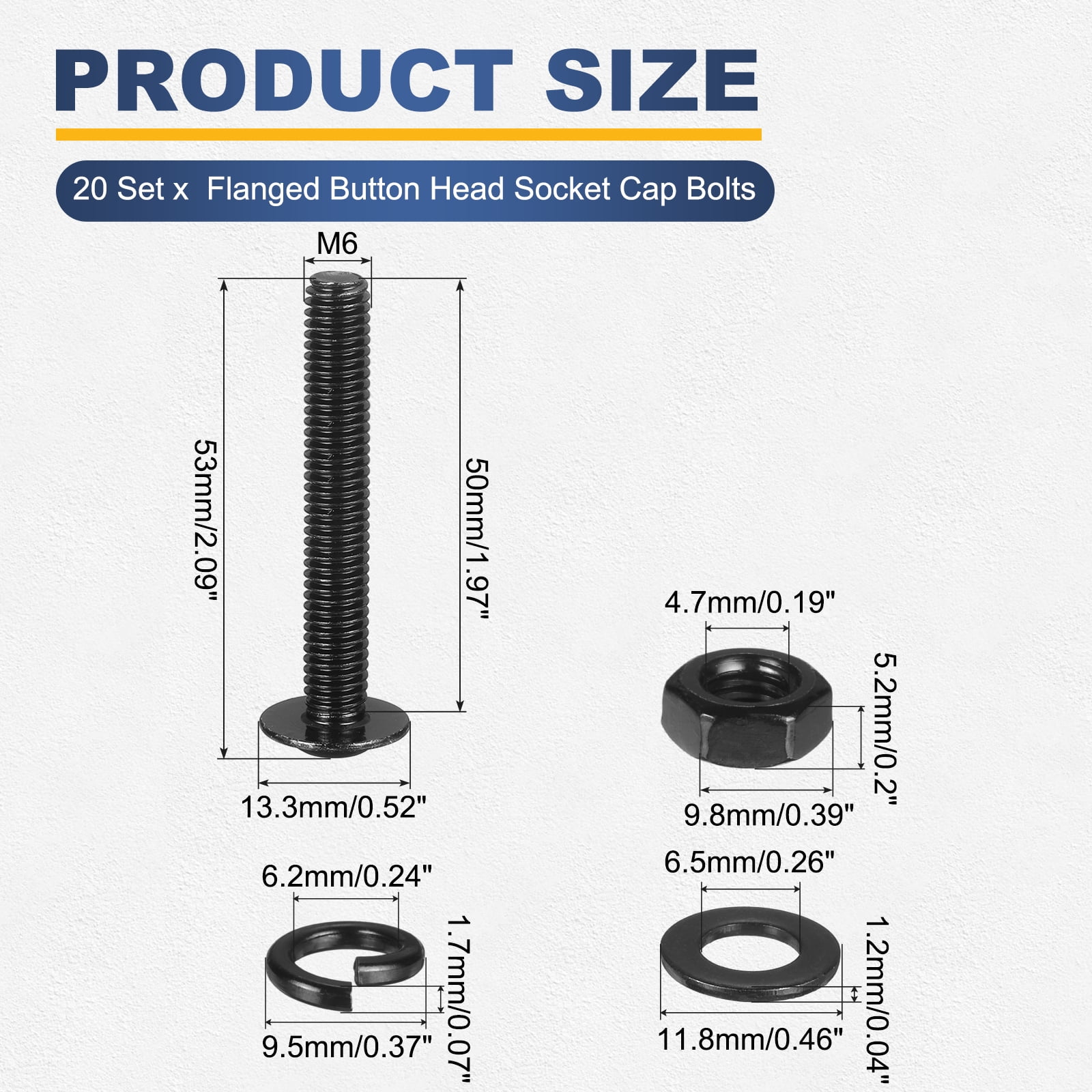 20 Set M6 x 50mm Flanged Button Head Socket Cap Screws, Black 304 Stainless Steel 18-8 Hex Socket Head Screws Bolts, Nuts, Flat & Lock Washers for DIY, Furniture, Automotive