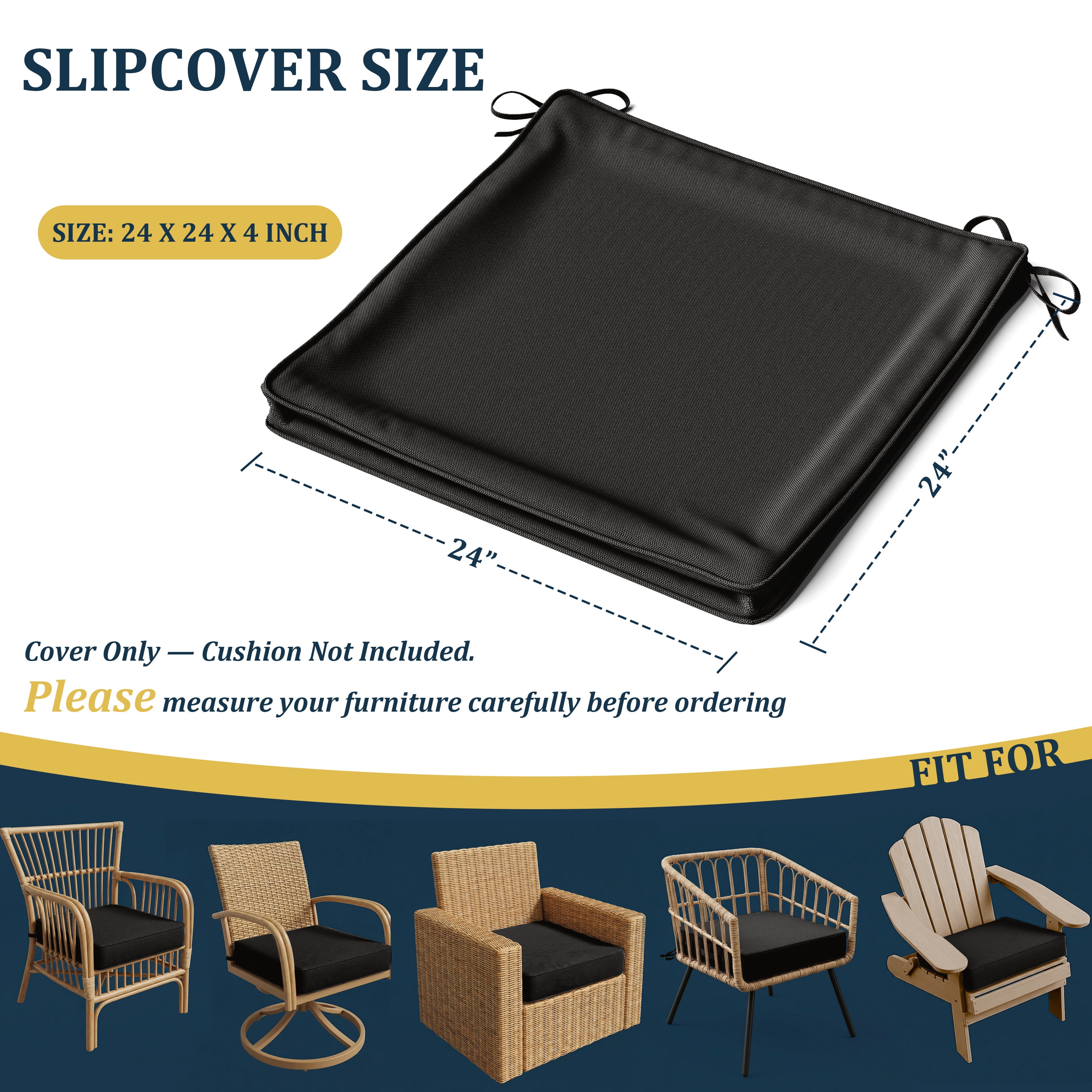 Kimunuk 2Pcs Outdoor Chair Cushions Slipcovers, 24" x 24" Replacement Waterproof Non-Slip Patio Seat Cushion Covers with Handle,Black