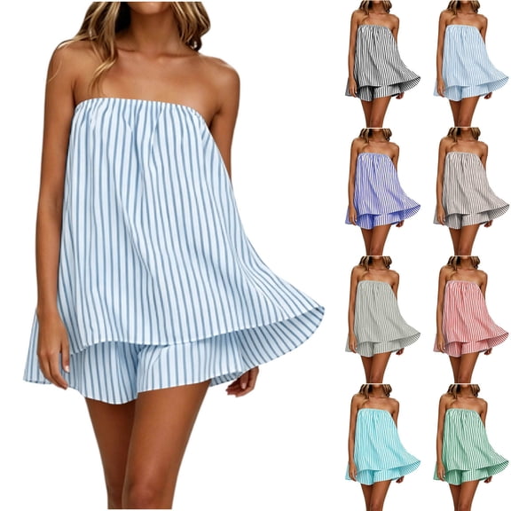 Women's Two Piece Pajama Sets, Classic Allover Stripe Print & Lightweight Cut, Sleeveless Camisole Tops Matches Coordinating Striped Shorts Lounge | TruHer,Black L