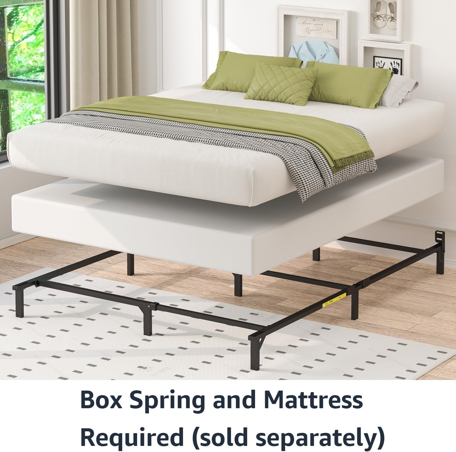 Metal Bed Frame (Spring Mattress Required), Queen Size, 79.5" L x 59.5" W x 7" H, Black