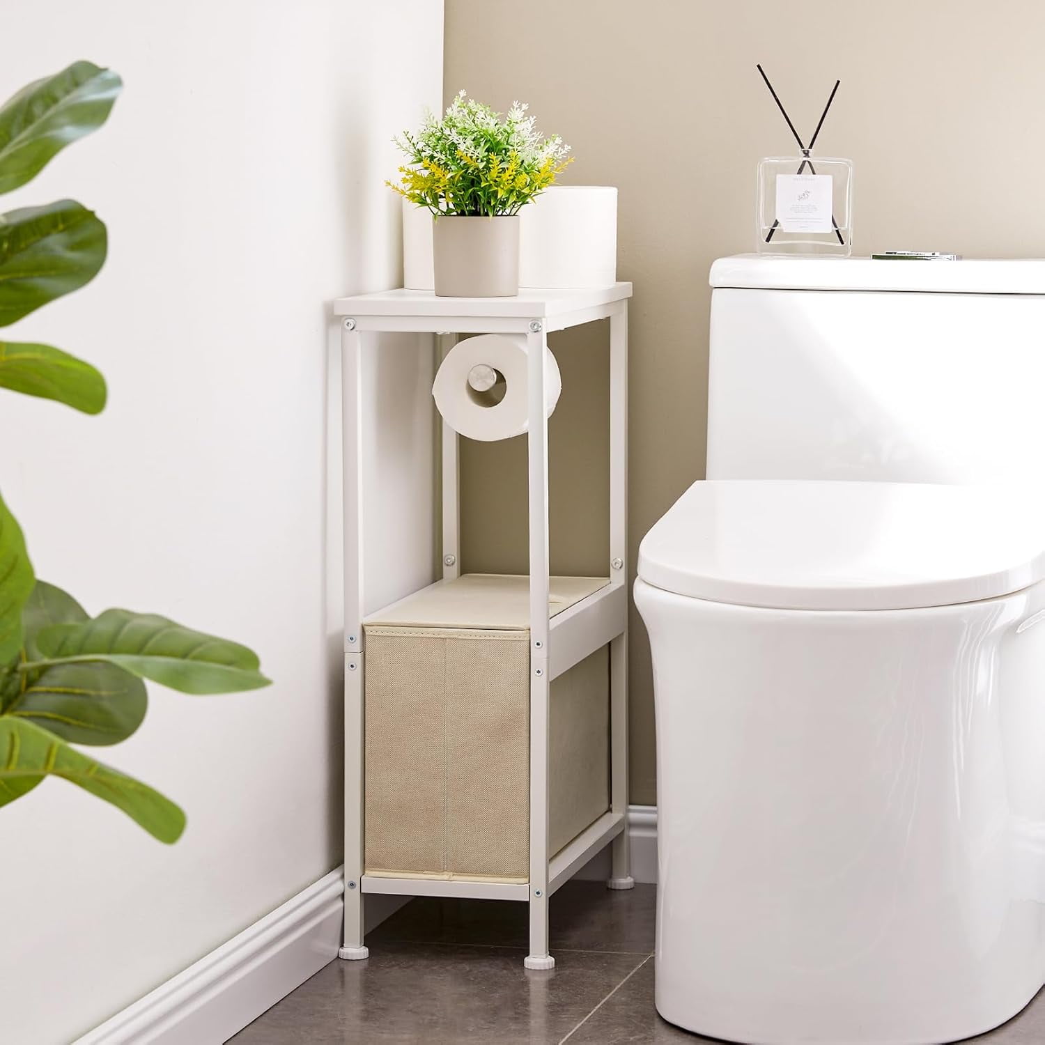 Narrow Bathroom Toilet Paper Storage Cabinet Organizer with Tissue Holder, Fabric Drawer Bin for Small Spaces