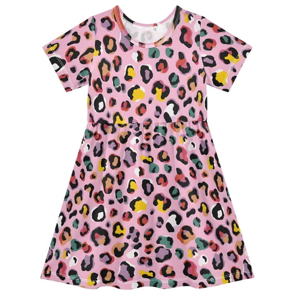 joogoo Colorful Leopard Girls' Short Sleeve Dress Kids Dresses 5-6T