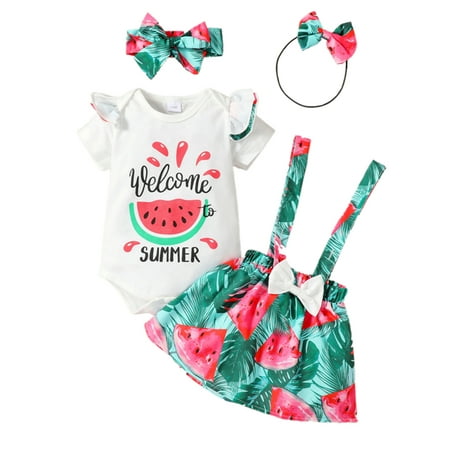 

jaweiwi Toddler Baby Girls Jumpsuit Outfits Set 0 3M 6M 9M 12M 18M Summer Short Sleeve Rompers and Fruit Printed Suspender Skirt Headband