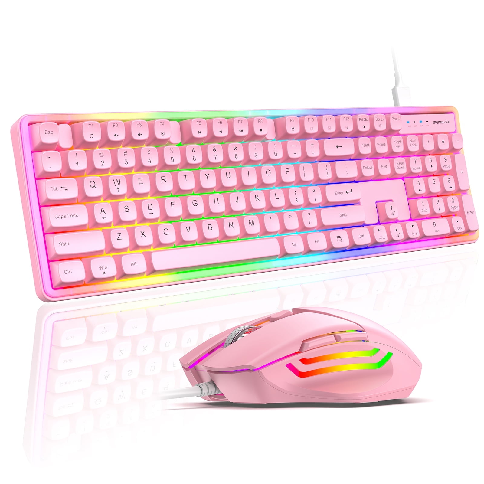 Wired Keyboard and Mouse Combo, Usb Plug & Play Full Size Mechanical-Feel Keyboard with Rgb Rainbow Backlight, 6400 Dpi Adjustable Optical Wired Mouse, Compatible with Windows Mac PC Laptop -Pink