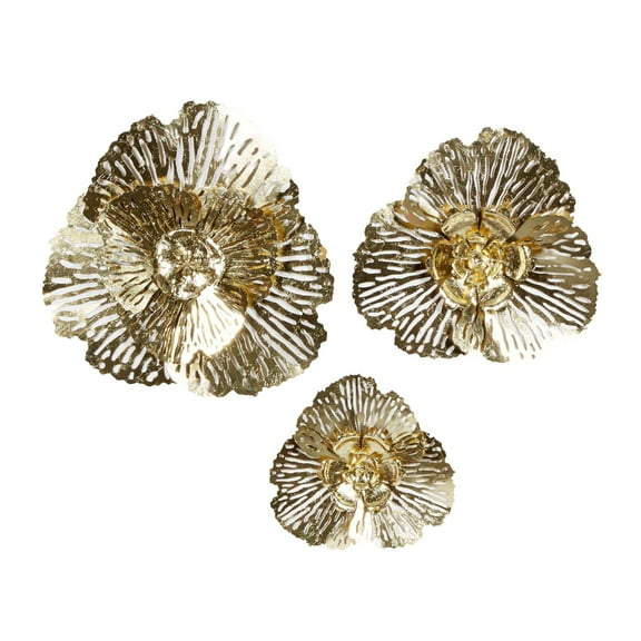 DecMode Gold Metal Floral Large 3D Home Wall Decor with Cutouts, Set of 3 29", 24", 18"H