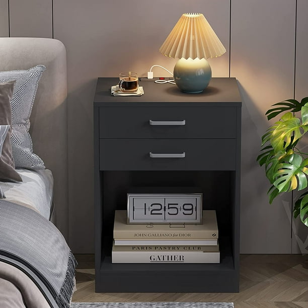 Nightstand End Side Table Storage Stand with USB Port&2 Sliding Drawers, Wooden Bedside