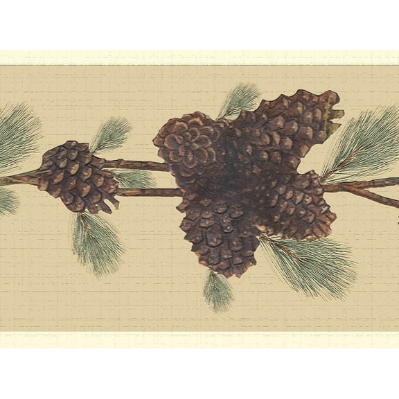 Dundee Deco's Peel and Stick Wallpaper Border - Nature Green Brown Pine cones Wall Border Retro Design, 15 ft x 7 in, Self Adhesive