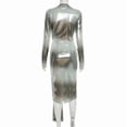 thumbnail image 4 of Metallic Evening Dress with Deep Plunge and High Slit (M, Grey), 4 of 7