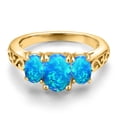 thumbnail image 3 of Gem Stone King 18K Yellow Gold Plated Silver Blue Opal Filigree Style 3 Stone Ring for Women (2.06 Cttw, Oval 8X6MM and 6X4MM) (Size 7), 3 of 6
