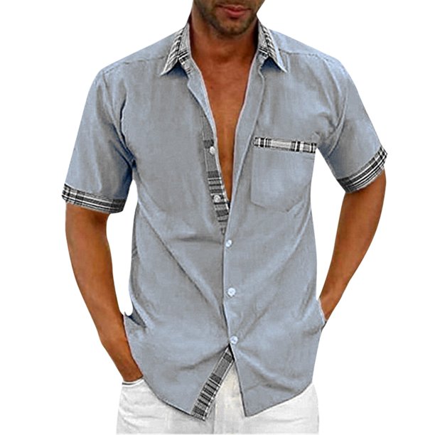 Men's Summer Solid Color Casual Short Sleeve Shirt Collar Stripe Contrast Fashion Button Shirt 4XL