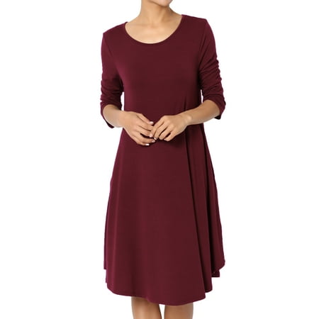 TheMogan Women's PLUS 3/4 Sleeve A-Line Flared Jersey Knit Pocket T-Shirt Dress