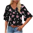 thumbnail image 2 of Blouse for Women V-Neck Layered Ruffle Sleeve Hibiscus Floral Graphic Print Relaxed Fit Lightweight Breathable Summer Fashion Casual Office Top, 2 of 7