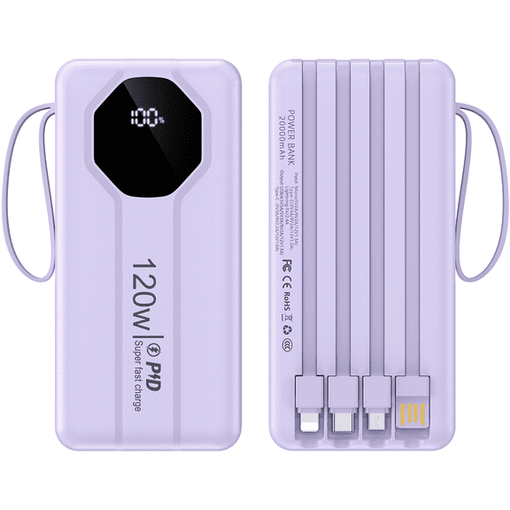 20000mAh Portable Charger Power Banks for iPhone Cell Phones with Built in Cables,HopePow LED Power Display Charging Banks Compatible with iPhone 16 Plus/Pro Max/15//14 Series,Samsung,Android,Purple