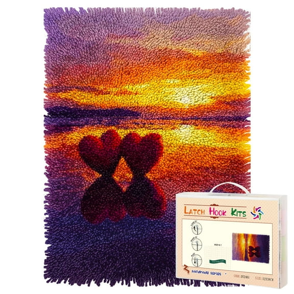 Latch Hook Rug Kit Hearts on Beach Sunset Pre-printed Handmade Carpet Crochet Yarn Craft DIY Hook and Latch Door Mat Tapestry for Home Floor Decoration 52x38cm-1