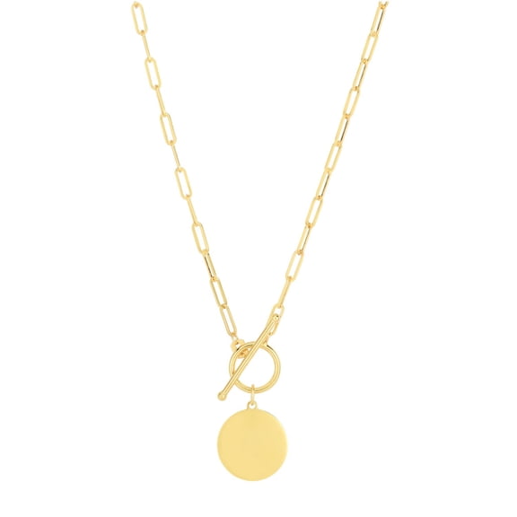 JewelStop 14K Yellow Gold Polished Finish Paperclip Chain Circle Disc Necklace with Toggle Closure - 18"