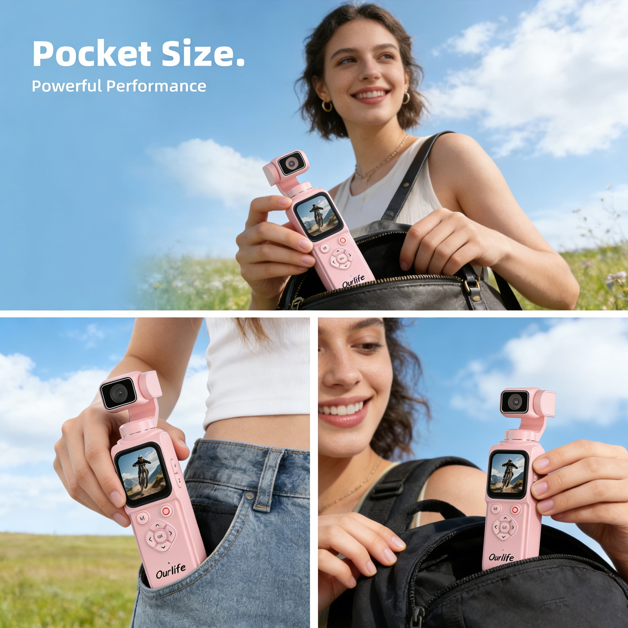 Ourlife 4K Vlogging Camera Pocket Gimbal Camera 1.72" Touch Screen AI Face Tracking 2400mAh Ultra-Long Battery Life Travel  Video Camera for YouTube TikTok Creators Pink