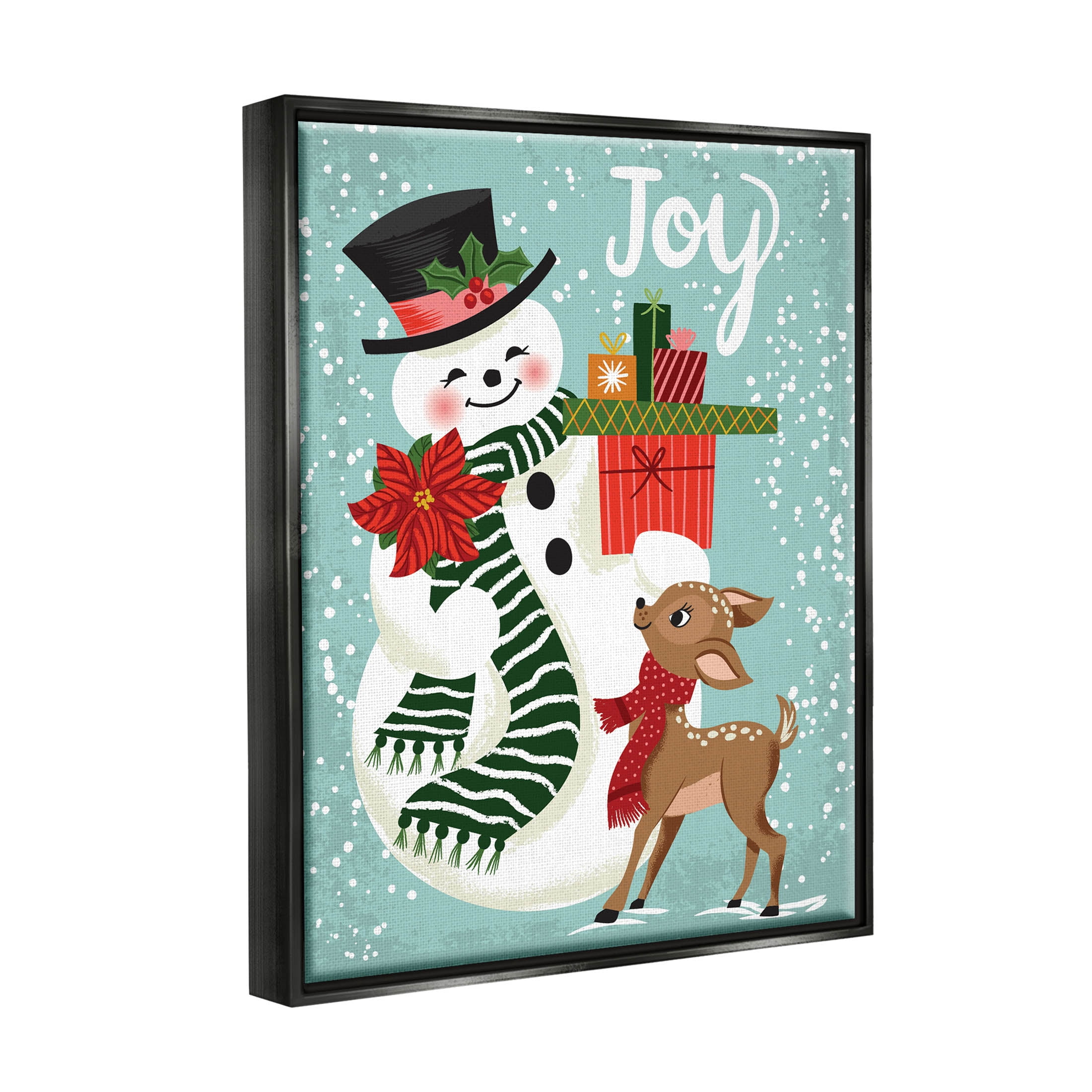 Joy Smiling Snowman Holiday Deer Holiday Graphic Art Jet Black Framed Art Print Wall Art