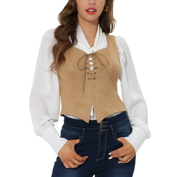 INSPIRE CHIC Women's Faux Suede Vest Lace Up Party Sleeveless Jacket XS Khaki