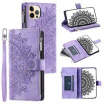 Dteck Zipper Wallet Case for iPhone 12 Pro Max,Magnetic Durable PU Leather Flower Embossed Case Zipper Card Holder Wallet Kickstand Cover with Detachable Shoulder Strap/Wrist Strap,Purple