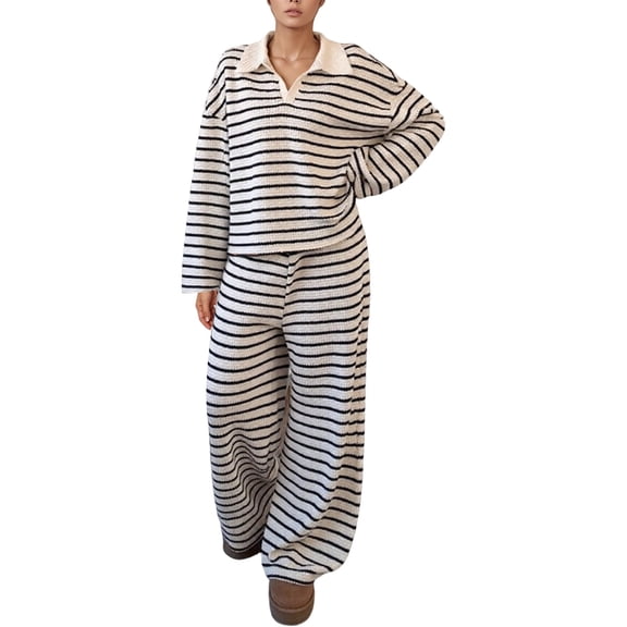 Tiweut Lounge Sets for Women 2 Piece Sweater Sets Striped Long Sleeve Pullover Top Matching Set Fall Outfits,Black,L