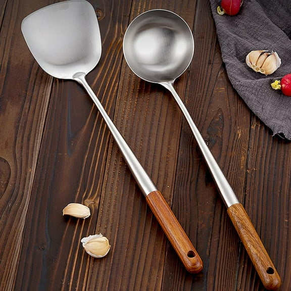 17-inch Steel Wok Spatula & Ladle Set, Hand-Forged Heavy-Duty with Heat-Resistant Handle, Essential Tools for Stir-Frying and Sauteing in a Wok