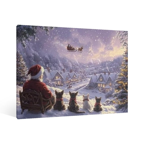 Vintage Christmas Santa Claus and his pets Wall Art Paint Framed - Xmas Festive Winter Holiday Christmas Wall Decor Canvas Print for Living Room Kitchen Bathroom Home Bedroom Decor