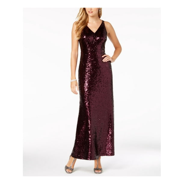 Nightway - NIGHTWAY Womens Purple Sequined Long Gown Sleeveless V Neck