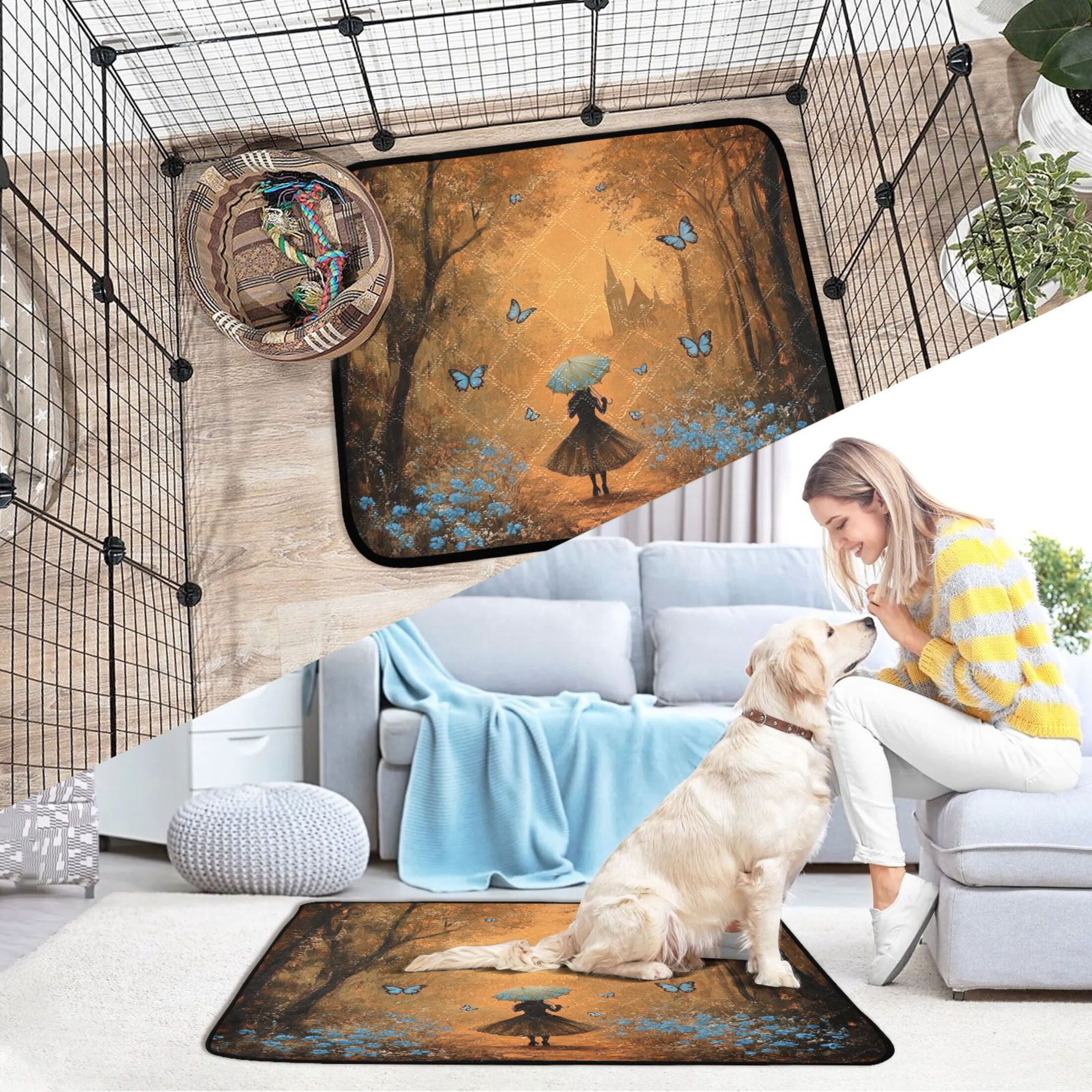 Qxltty Blue Butterfly Forest Cat litter Pads Pet Set of 2 Diaper Mats Center Anti-leakage Layer Absorbent Soft and Comfortable