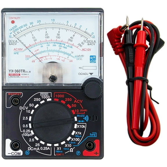 Analog Multimeter with LED Indicator & Buzzer for Continuity Test - Includes Test Leads (YX-360TRE-L-B)