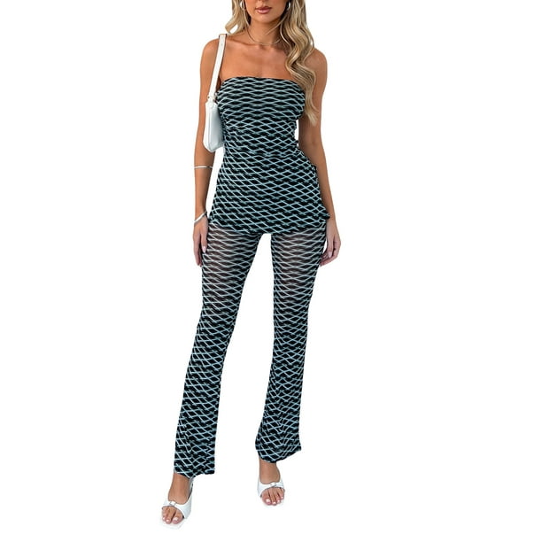 Sunloudy - Conjunto de ropa de 2 piezas para mujer, pantalones de verano, estampado, sin tirantes, tops de tubo, pantalones acampanados de malla Sunloudy moda