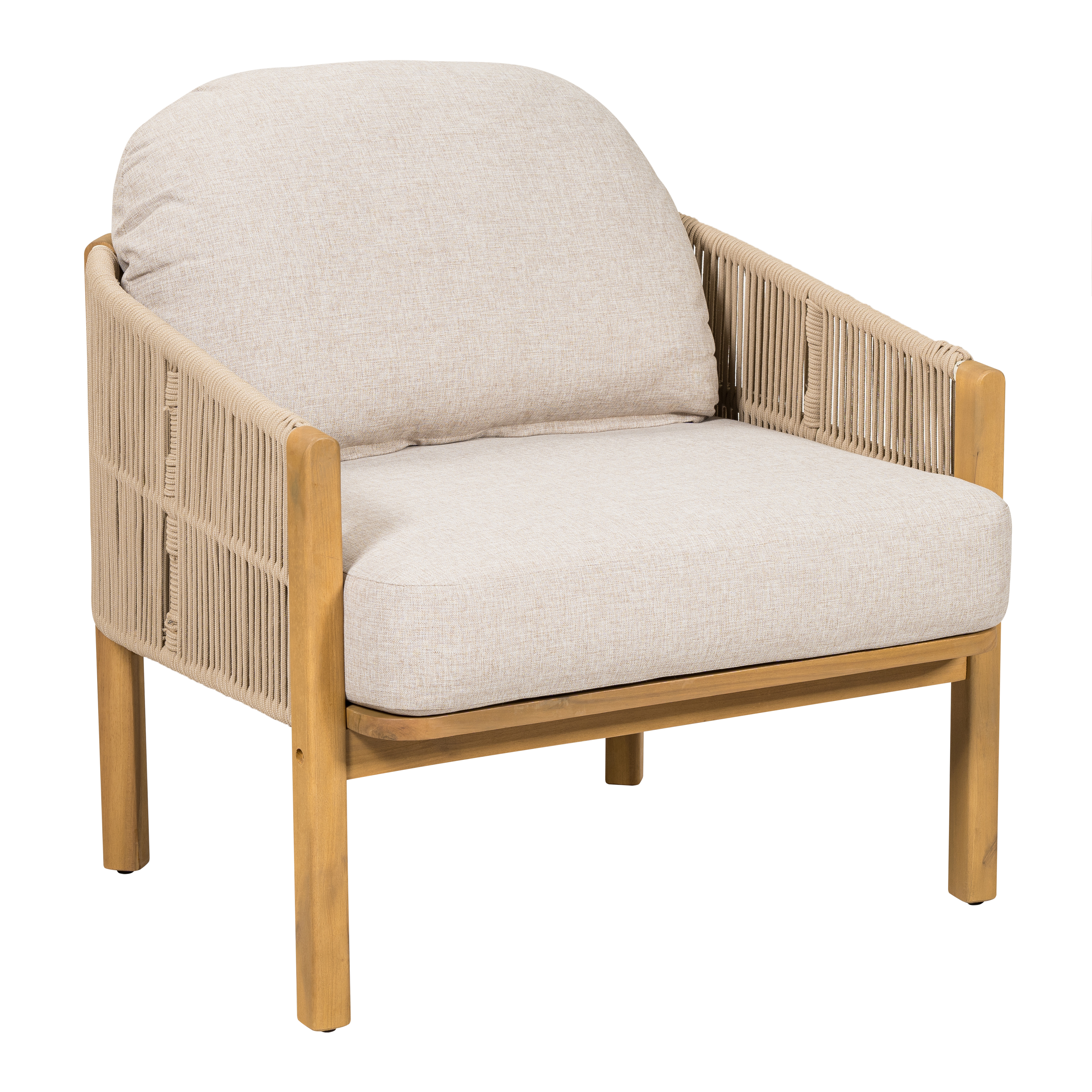 Outdoor Wood Frame Club Chair with Beige Rope and Beige Cushion for Patio Garden Deck, Teak