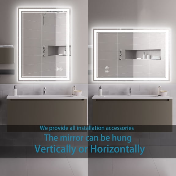 24x36" LED Bathroom Mirror with Anti-Fog & Dimmable Lights, 3 Color Temperatures Smart Memory Vanity Mirror, Touch Screen & Wall Switch Control for Horizontal/Vertical Mount