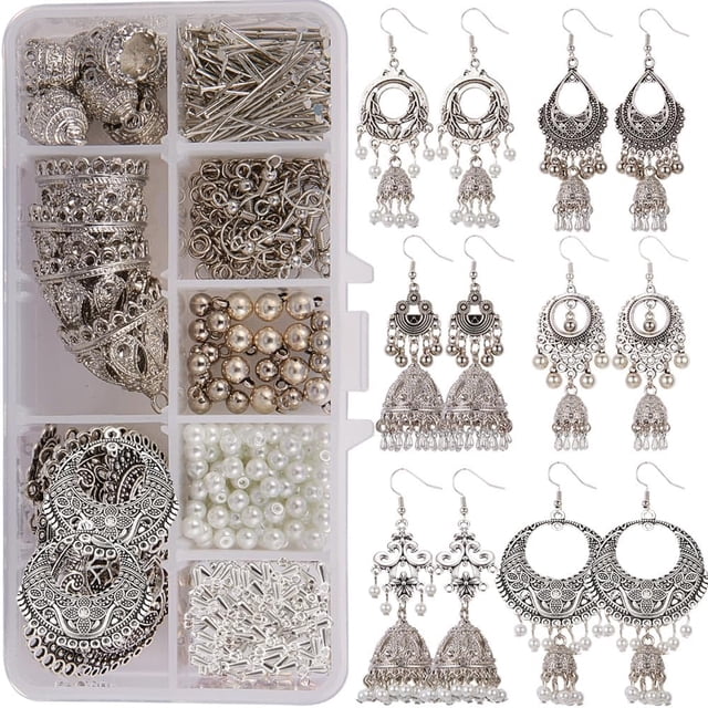 Kit de fabricación de 6 pares de pendientes colgantes étnicos indios vintage, Jhumka, Jhumki, Bollywood, gitanos, oxidados, para araña, joyería y manualidades, 1 caja