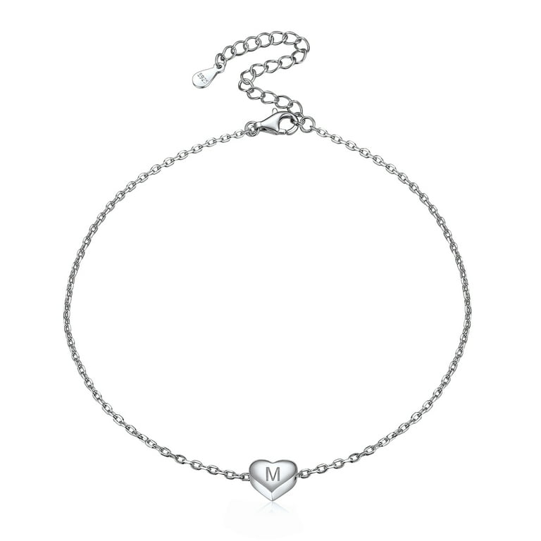 ChicSilver Cute Heart Ankle Bracelets for Women Teen Girls 925 Sterling Silver Letter M Initial Anklets Summer Foot Jewelry Gifts