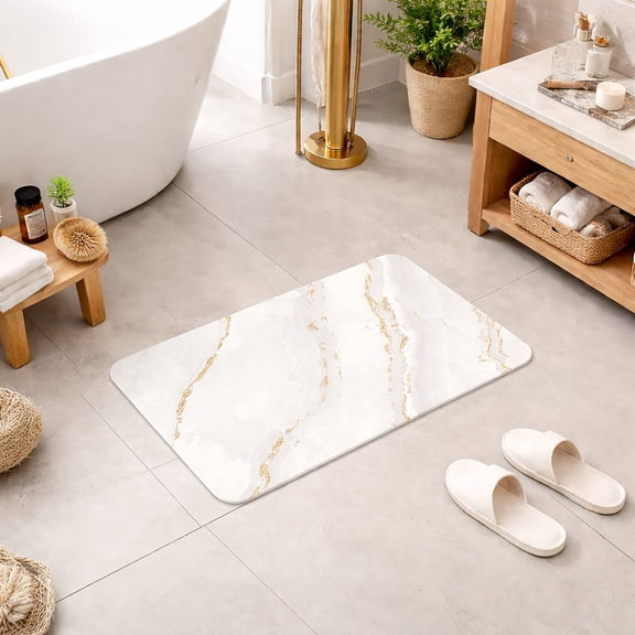 Evideco French Home Goods Stone Mat Marble Elegant Elaborate White Diatomaceus Earth Bath Rugs, 24 x 16, Non-Slip Backing