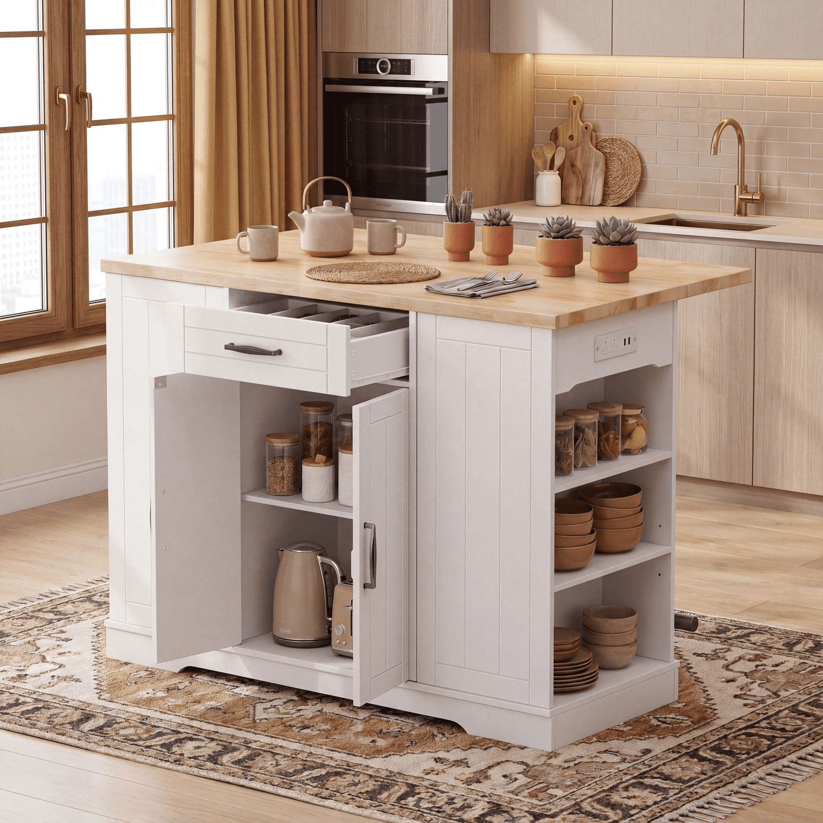 ROGALIS 47"Kitchen Island with 2 Chair, Stationary Island Table with Power Outlet, USB Ports, Spice Rack, Trash Cabinet, and Foldable Drop Leaf for Home Bar or Dining Room,White