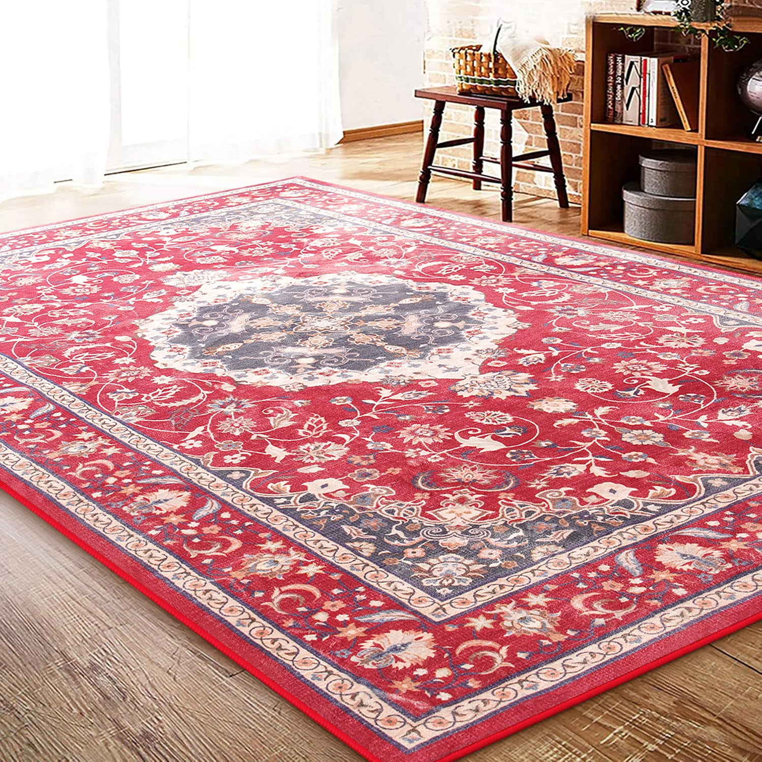 Jamfeel Area Rugs Vintage Floral Printed Washable Non-Slip Carpets Foldable Thin Low Pile Rug for Living Room Bedroom 8'x10' Red