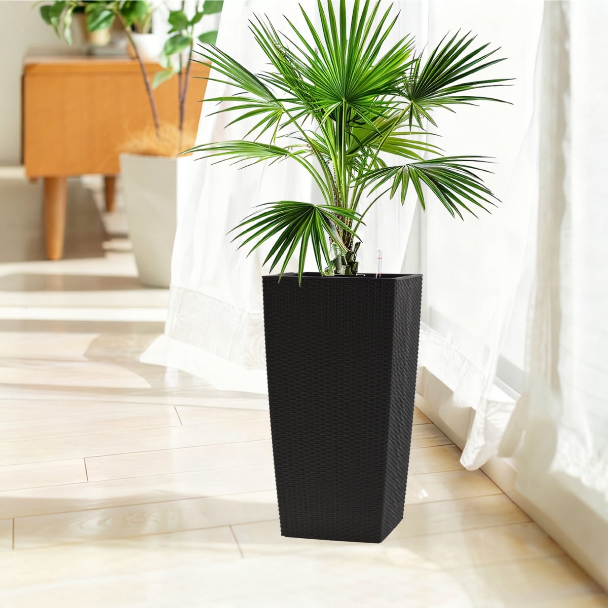 Set of 2 30 Inch Tall Large Flower Pots Self Watering Planters with Drain Holes Water Level Monitor Inner Bucket Black