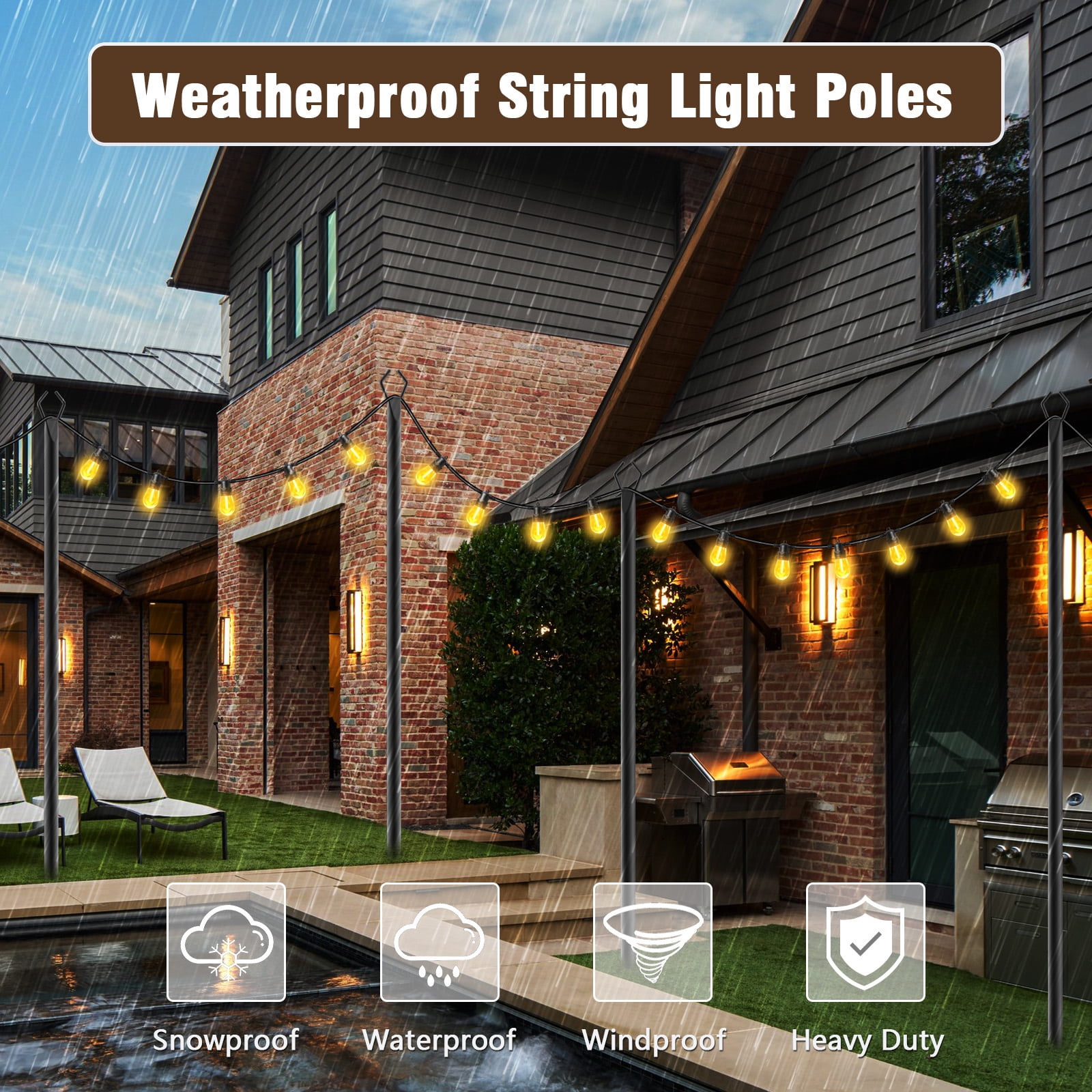 4Pack 10FT Outdoor String Light Poles with Fence Brackets, Heavy Duty Metal Light Stands for Outside Hanging String Lights, Weatherproof Deck Patio Backyard Garden Light Poles for Party Wedding Holi