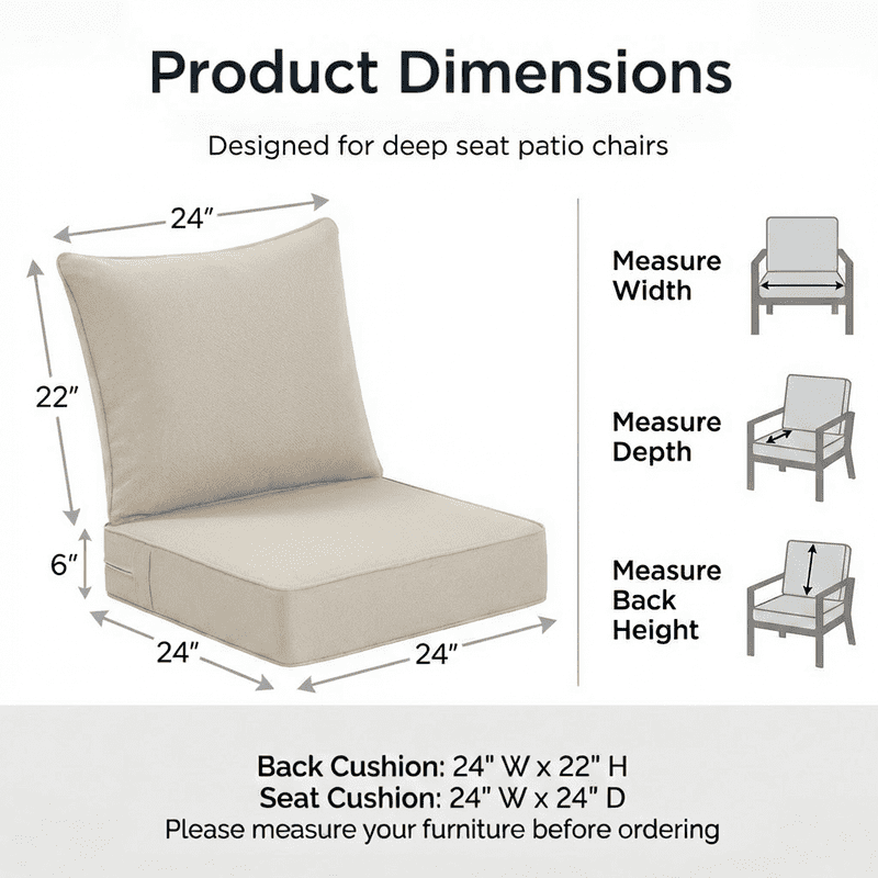 24 x 24 in Outdoor Olefin Patio Cushions with Back Pillows, 6 in Thick, Water- and Fade-Resistant, Beige, Set of 5