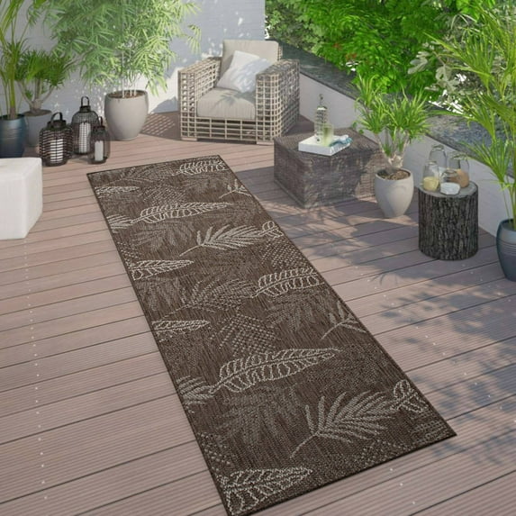 Contemporary Floral Leaves Indoor/Outdoor Flatweave Waterproof Backyard Patio Brown 2'x7' Runner Rug
